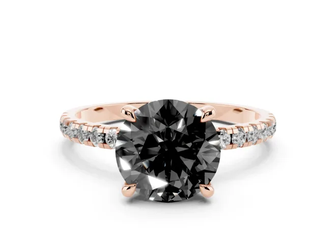 Fancy Black Round Cut Diamond Brilliant Solitaire Ring Set in Rose gold with Pavé Band and Prong Setting
