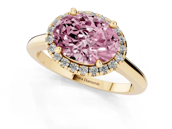 Fancy Pink Oval Cut Diamond Halo Engagement Ring Set in Yellow gold with Pavé Band and Rising Shoulders – second view