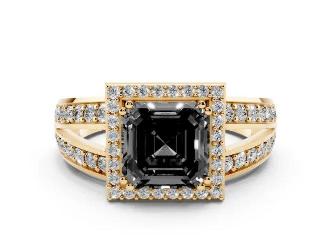 Asscher Cut Halo Engagement Ring Setting for a Black Center | Two-Row Pavé Split Shank | Yellow Gold
