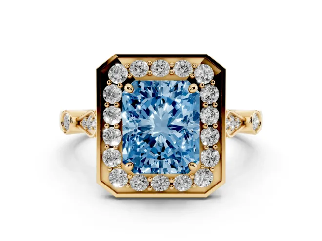 Radiant Cut Halo Engagement Ring Setting for a Fancy Blue Lab-Grown Diamond | Bezel Station Shoulders | Yellow Gold