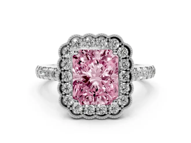 Radiant Cut Milgrain Floral Halo Engagement Ring Setting for a Fancy Pink Lab-Grown Diamond | Pavé Band | White Gold