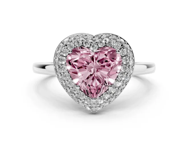 Fancy Pink Heart Cut Diamond Halo Engagement Ring Set in Platinum with Solitaire Band and Prong Setting