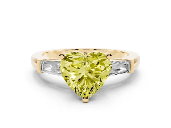 Heart-Shaped Three Stone Engagement Ring Setting for a Fancy Yellow Lab-Grown Diamond | Tapered Baguettes | Yellow Gold