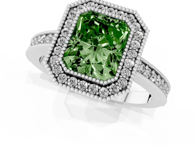 Fancy Green Radiant Cut Diamond Halo Engagement Ring Set in White gold with Pavé Band and Round Halo Stones – second view
