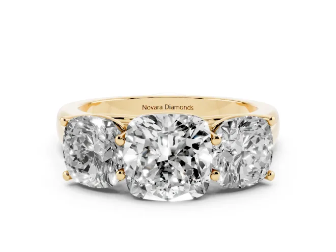 Cushion Cut Diamond Three-Stone Ring Set in Yellow gold with Plain Polished Band