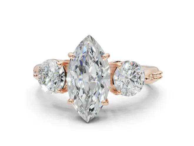 Marquise Three Stone Engagement Ring Setting | Tapered Pavé Band | Rose Gold