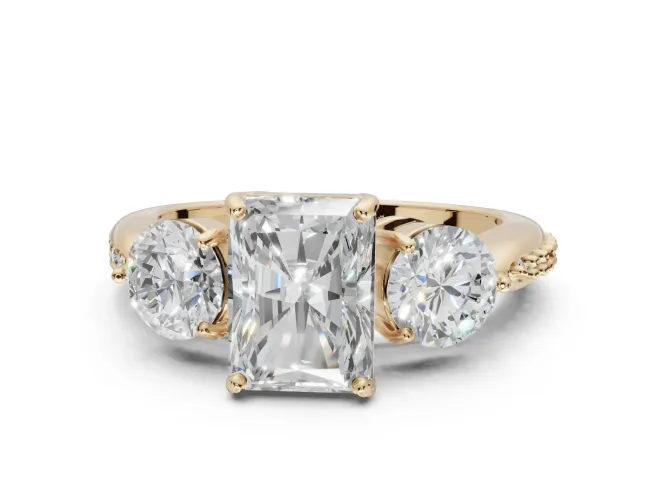 Radiant Cut Three Stone Engagement Ring Setting | Tapered Pavé Band | Yellow Gold