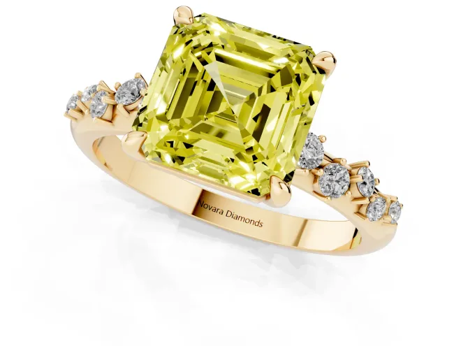 Fancy Yellow Asscher Cut Diamond Solitaire Vine Band Ring Set in Yellow gold with Round Accents and Prong Setting – second view