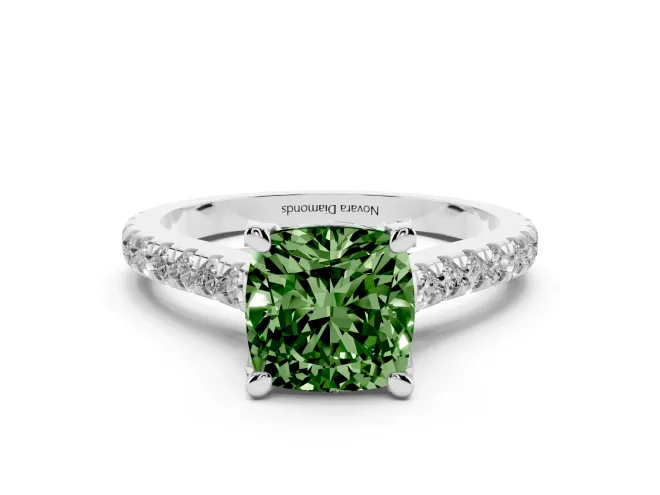 Cushion Cut Hidden Halo Pavé Engagement Ring Setting for a Fancy Green Lab-Grown Diamond | Claw Prongs | Platinum
