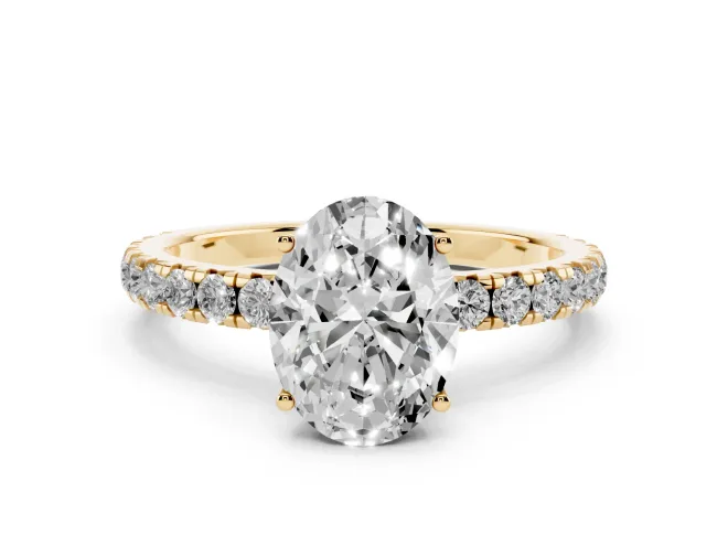 Oval Cut Diamond Pavé Solitaire Engagement Ring Set in Yellow gold with Prong Setting