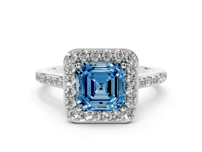 Asscher Cut Halo Engagement Ring Setting for a Fancy Blue Lab-Grown Diamond | White Gold - Design NV-24729