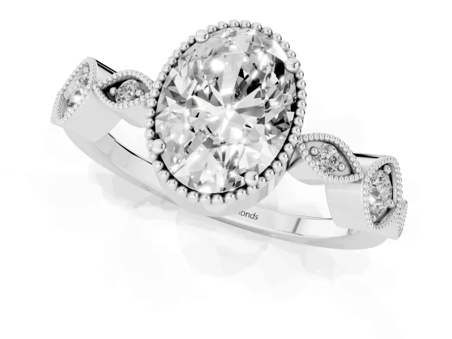 Oval Cut Diamond Vintage-Inspired Milgrain Ring Set in Silver with Marquise Stations of Round Accents – second view