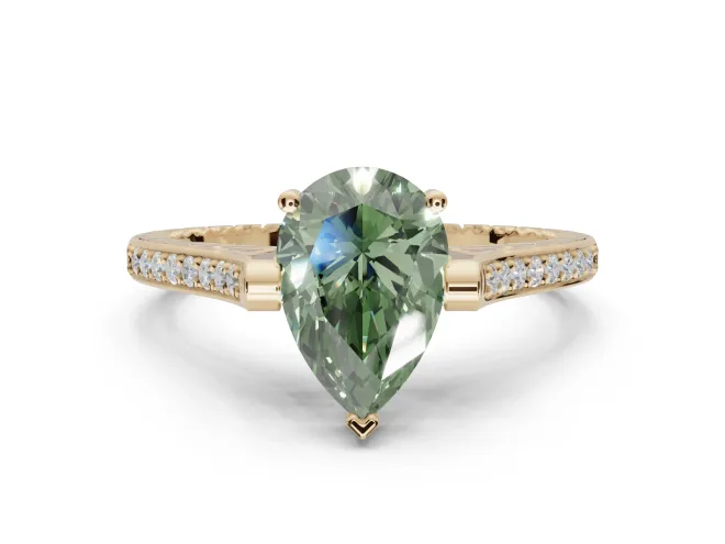 Pear-Shaped Vintage Cathedral Engagement Ring Setting for a Fancy Green Lab-Grown Diamond | Carved Band | Yellow Gold