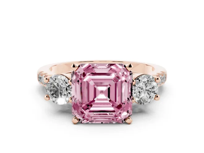 Asscher Cut Three-Stone Engagement Ring Setting for a Fancy Pink Lab-Grown Diamond | Rose Gold