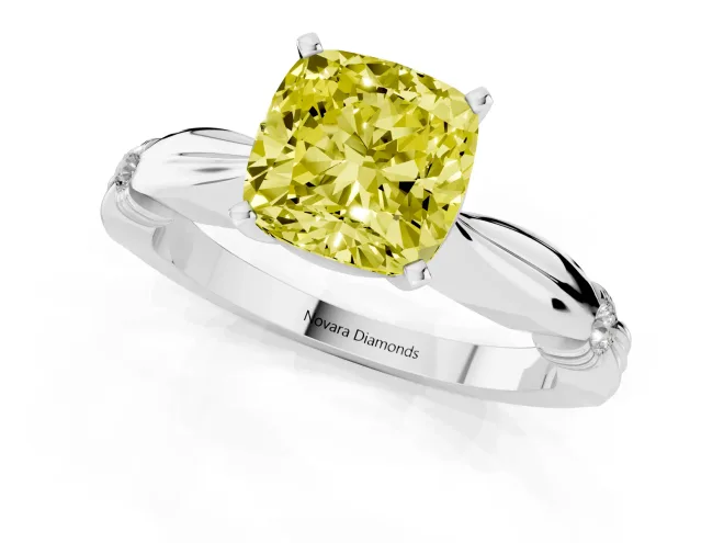Fancy Yellow Cushion Cut Diamond Solitaire Twisted Band Ring Set in White gold with Accent Stones and Prong Setting – second view