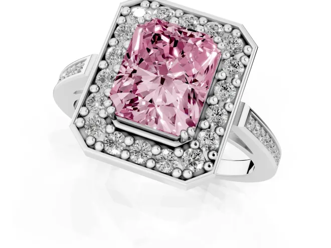 Fancy Pink Radiant Cut Diamond Halo Ring Set in Platinum with Accent-Lined Split Shank and Prong Setting – second view