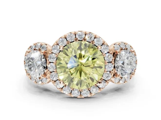 Round Three Stone Halo Engagement Ring Setting for a Fancy Yellow Lab-Grown Diamond | Rose Gold
