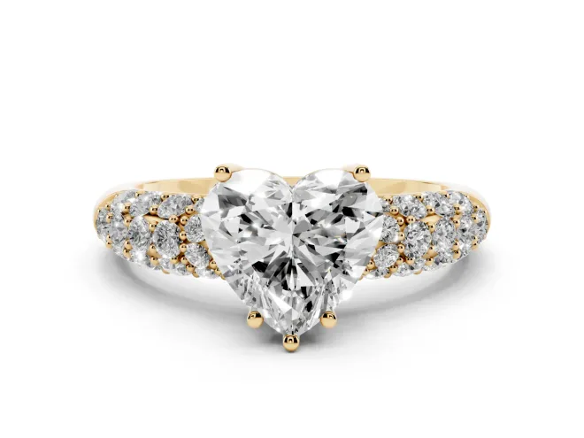 Heart-Shaped Multi Row Pavé Solitaire Engagement Ring Setting | Domed Shoulders | Yellow Gold