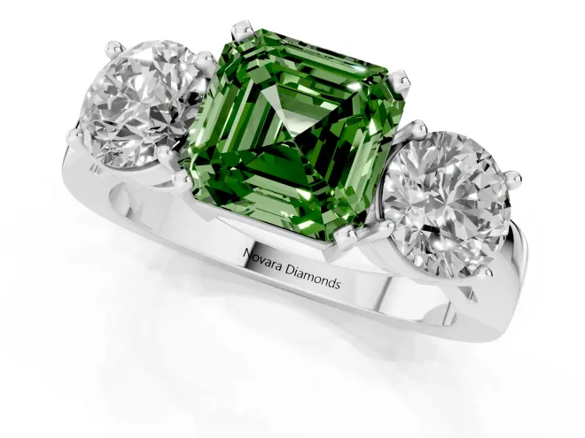 Fancy Green Asscher Cut Diamond Three-Stone Ring Set in Silver with Round Side Stones and Classic Band – second view