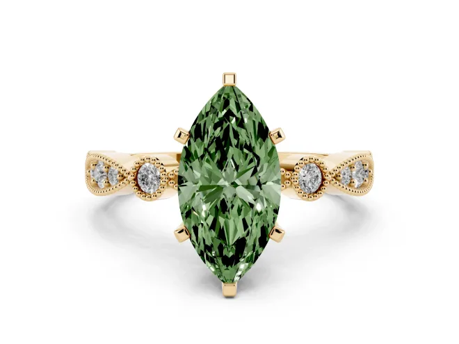 Fancy Green Marquise Cut Diamond Solitaire Engagement Ring Set in Yellow gold with Milgrain Bezel Accent Band