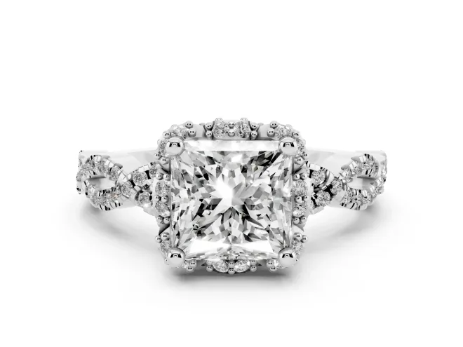 Princess Cut Milgrain Halo Engagement Ring Setting | Graduated Shoulders | White Gold