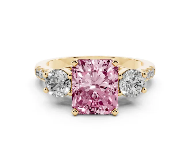 Radiant Cut Three-Stone Engagement Ring Setting for a Fancy Pink Lab-Grown Diamond | Yellow Gold