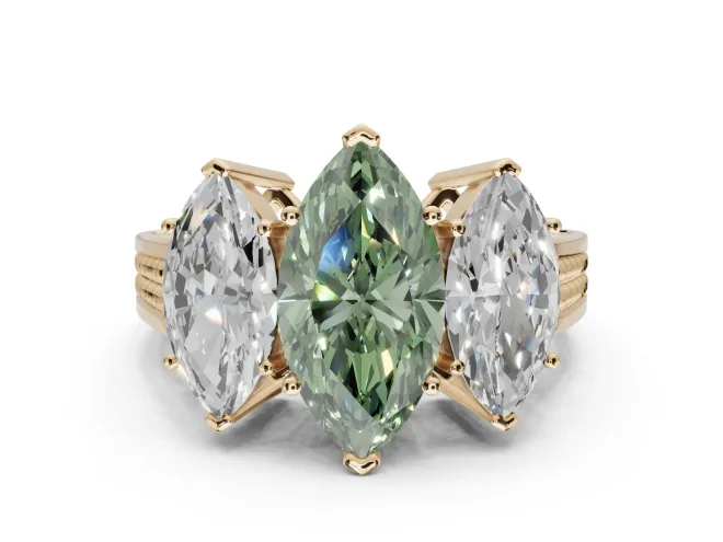 Marquise Three Stone Engagement Ring Setting for a Fancy Green Lab-Grown Diamond | Beaded Shoulders | Yellow Gold