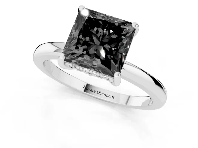 Fancy Black Princess Cut Diamond Solitaire Ring Set in Platinum with Plain Band and Prong Setting – second view