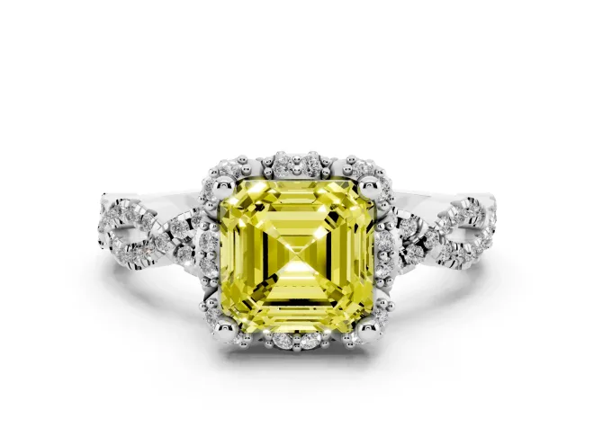 Asscher Cut Milgrain Halo Engagement Ring Setting for a Fancy Yellow Lab-Grown Diamond | Graduated Shoulders | Platinum