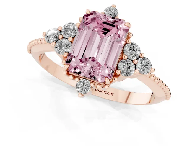 Fancy Pink Emerald Cut Diamond Cluster Ring Set in Rose gold with Beaded Band – second view