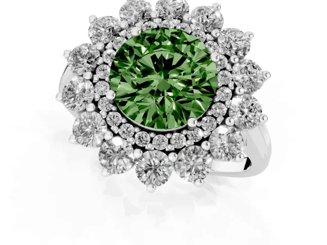 Fancy Green Round Cut Diamond Floral Double Halo Ring Set in Silver with Round Petals – second view