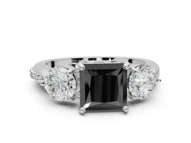 Fancy Black Princess Cut Lab-Grown Diamond Three-Stone Ring Set in Sterling Silver with Channel-Set Band and Prong Setting