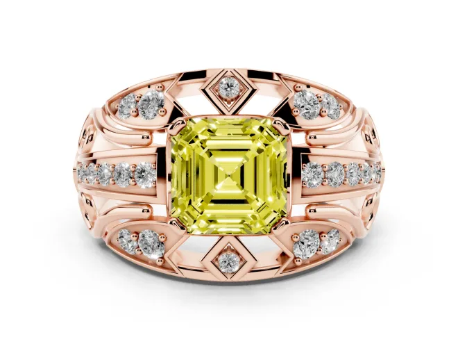 Asscher Cut Art Deco Engagement Ring Setting for a Fancy Yellow Lab-Grown Diamond | Rose Gold