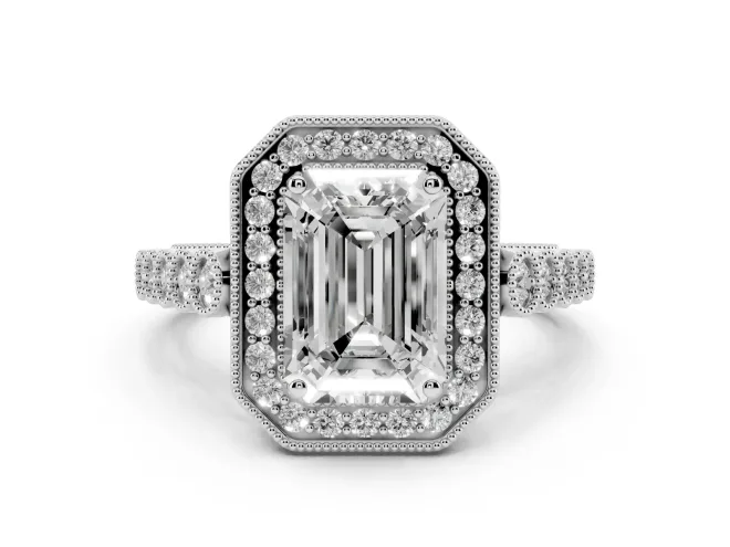 Emerald Cut Diamond Milgrain Halo Solitaire Ring Set in White gold with Bezel Set Side Stones and Pavé Band