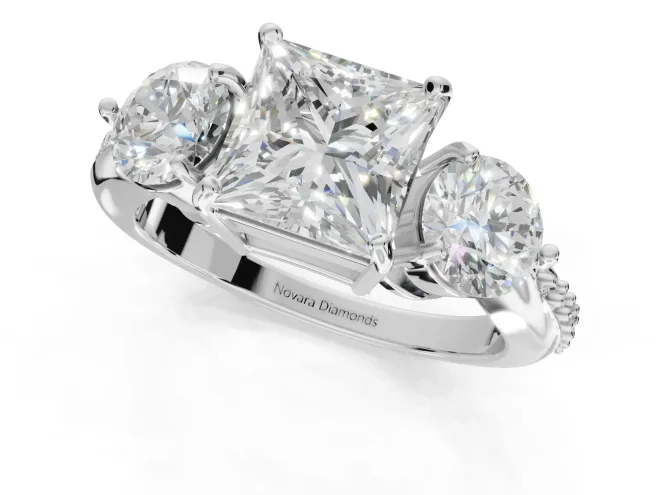 Princess Cut Three Stone Engagement Ring Setting | Tapered Pave Band | Sterling Silver – second view