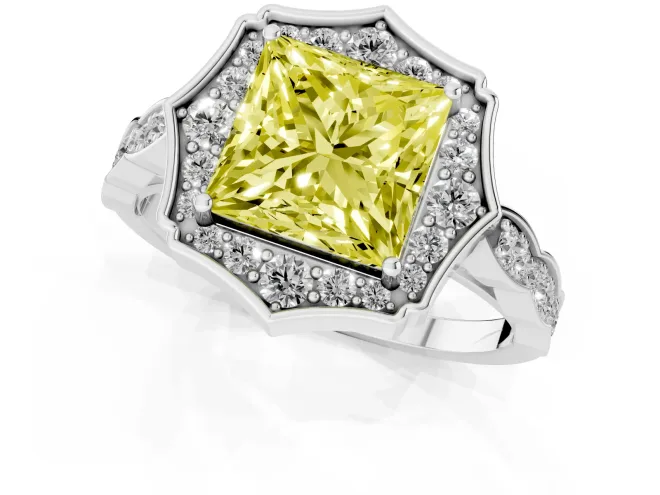 Fancy Yellow Princess Cut Diamond Halo Engagement Ring Set in Platinum with Milgrain Band and Prong Setting – second view