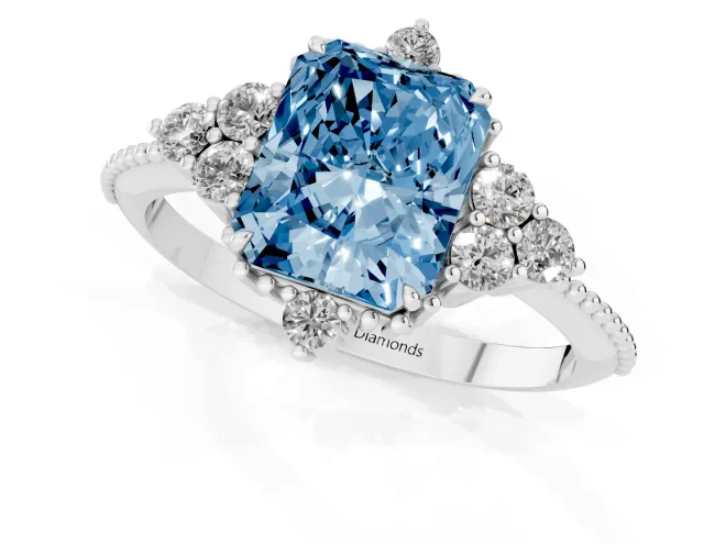 Fancy Blue Radiant Cut Diamond Cluster Ring Set in Platinum with Beaded Band – second view