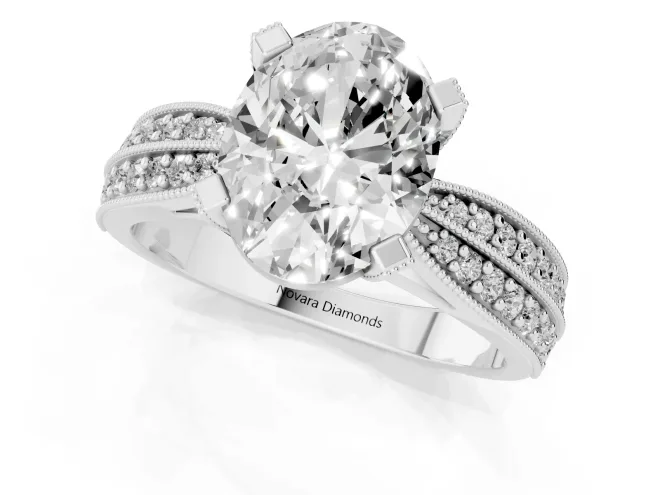 Oval Cut Diamond Solitaire Ring Set in Platinum with Milgrain Double Row Round Pavé Band – second view