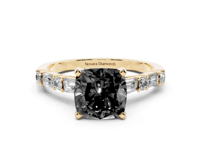 Cushion Cut Baguette Side Stone Engagement Ring Setting for a Black Center | Yellow Gold