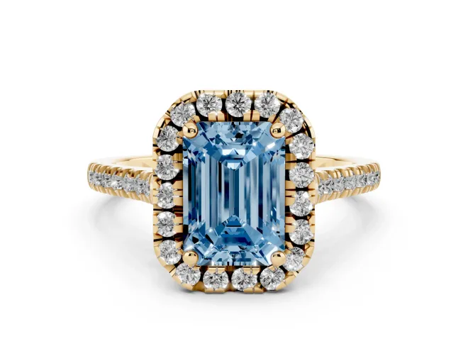 Fancy Blue Emerald Cut Diamond Cushion Halo Ring Set in Yellow gold with Pavé Band