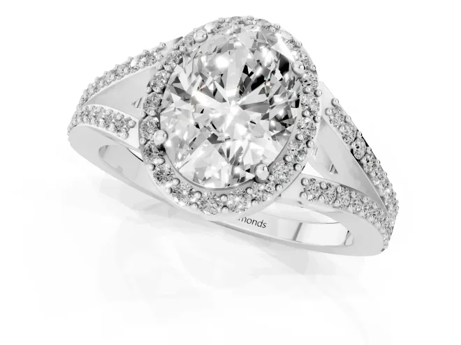 Oval Cut Diamond Halo Split Shank Pavé Ring Set in Silver with Prong Setting – second view