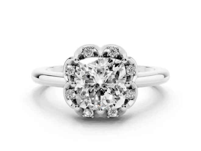 Cushion Cut Diamond Round Cluster Halo Ring Set in White gold with Solitaire Band and Prong Setting