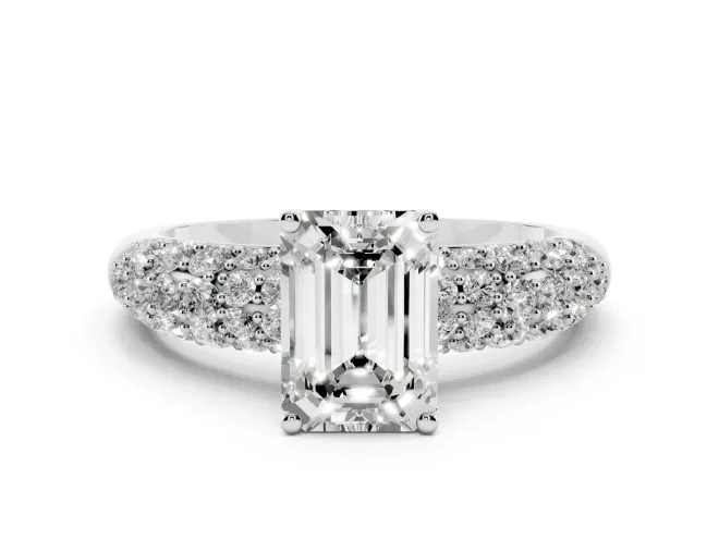 Emerald Cut Multi Row Pavé Solitaire Engagement Ring Setting | Domed Shoulders | Sterling Silver