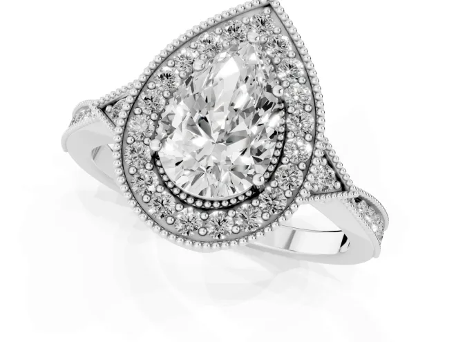 Pear Cut Diamond Halo Engagement Ring Set in White gold with Milgrain Pavé Band – second view