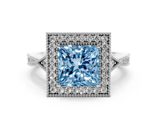 Princess Cut Milgrain Halo Engagement Ring Setting for a Fancy Blue Lab-Grown Diamond | Graduated Pavé | White Gold