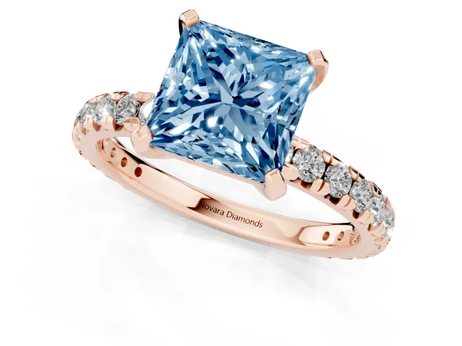 Fancy Blue Princess Cut Diamond Pavé Solitaire Ring Set in Rose gold with Round Band and Prong Setting – second view