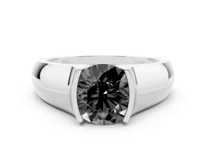 Fancy Black Round Cut Diamond Bezel Solitaire Ring Set in Silver with Wide Band