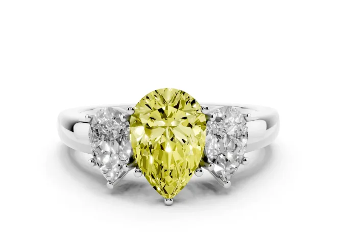 Fancy Yellow Pear Cut Diamond Three-Stone Ring Set in Silver with Bold Center and Classic Band