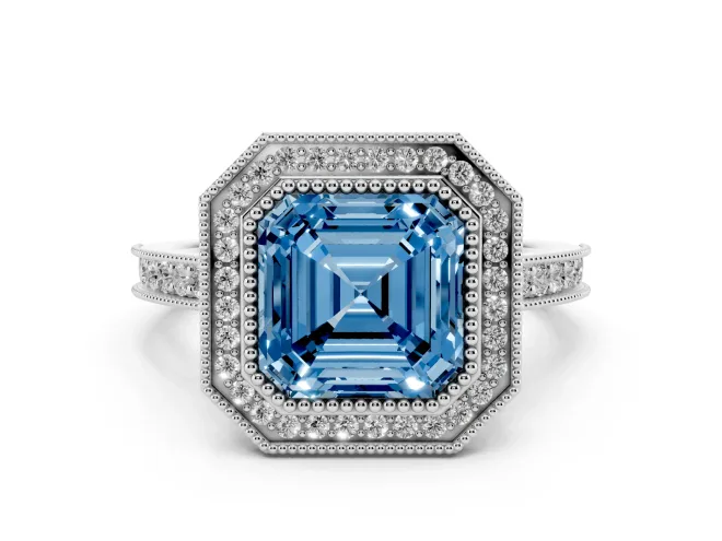 Asscher Cut Vintage Milgrain Halo Engagement Ring Setting for a Fancy Blue Lab-Grown Diamond | Bezel Head | White Gold