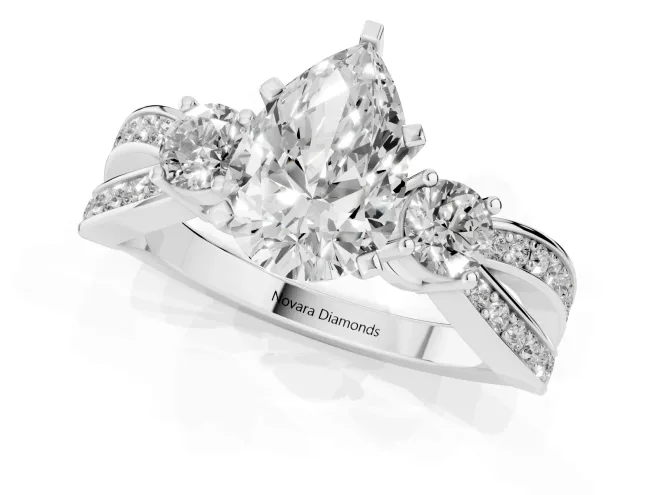 Three-Stone Pear Cut Diamond Twist Band Ring Set in White gold with Pavé Accents and Prong Setting – second view